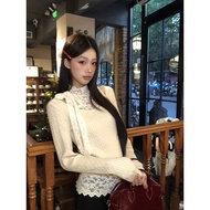 HRG STYLE | เสื้อไหมพรมสตรีสไตล์ชิคเรียบง่าย คอปกสูงครึ่งหนึ่ง แต่งลูกไม้