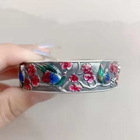 Vintage 925 Silver Picturesque Magpie Plum Blossom Bracelet for Women Ethnic Style Embossed Colored 