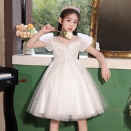 Children Dress Princess Dress Little Girl White Flower Girl Wedding Dress High-End Girl Piano Perfor