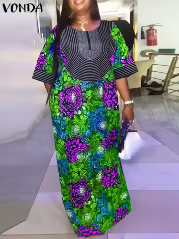 Plus Size Women Long Dress 2025 VONDA Vintage Half Sleeve Floral Printing Robes Maxi Dress Loose Ove