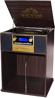 VICTOR Boyleston 7-in-1 Turntable Music Center with 3-Speed Record Player, CD/MP3 Player, AM/FM Radio, Bluetooth in, USB Playback &amp; Record, and Built-in Stereo Speakers &amp; Album Storage, Espresso