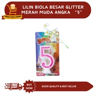 MERAH LILIN LARGE PINK GLITTER VIOLIN CANDLE NUMBER 5 - BIRTHDAY CANDLE