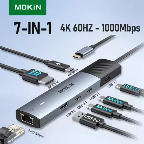 MOKiN 7 In 1 USB-C Hub to 4K60Hz HDMI,3 USB3.1 10Gbps,RJ45,PD 100W Adapter hub,for MacBook Pro/Air H