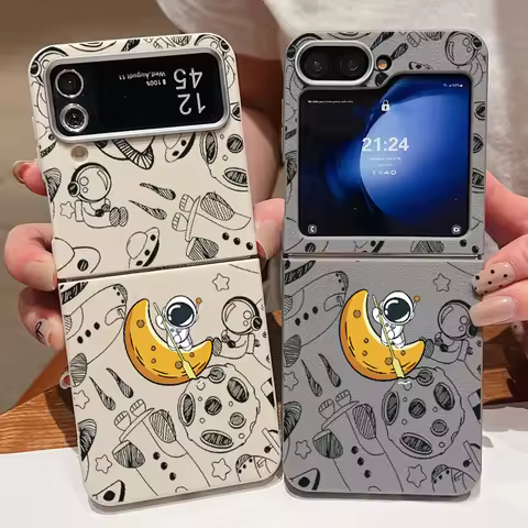For Samsung Galaxy Z Flip 5 6 4 3 5G Cartoon Astronaut Folding Phone Case Leather Texture TPU Soft C