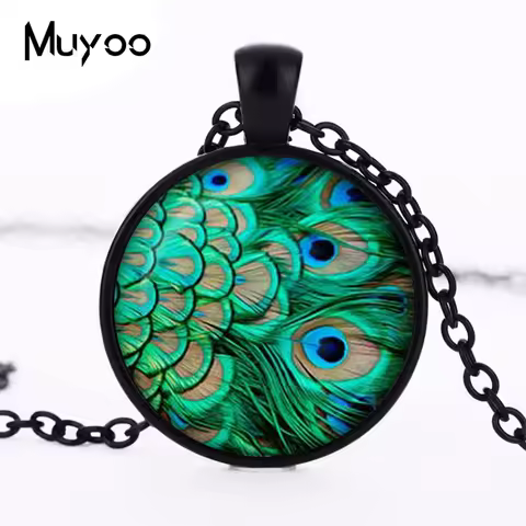 Peacock Pendant Handmade Peacock Necklace Vintage Round green Jewelry Art Print Peacock Jewelry Acce
