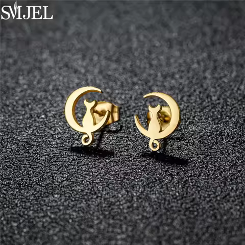 Stainless Steel Moon Cat Stud Earrings Simple Cute Animal Ear Jewelry for Women Girl Trendy Kitty Ea