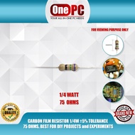 CARBON FILM RESISTOR 1/4W ±5% TOLERANCE 75 OHMS, BEST FOR DIY PROJECTS and EXPERIMENTS