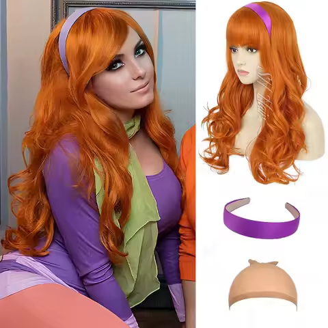 Synthetic Long Curly Orange Wig+Purple Headband Daphne Wig,Brown Wig with Bangs+Glasses+Magnifying G