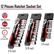 12PCs Set Heavy Duty Ratchet Wrench Socket Spanner Tool Car Workshop Repairing Socket Wrench Set Too