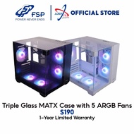 FSP S190 TRIPLE GLASS M-ATX PC CASE / CASING WITH 5 ARGB FANS - BLACK / WHITE