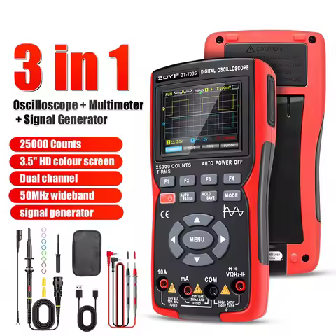 ZOYI ZT703S 3in1 Digital Oscilloscope Multimeter Signal Generator Dual Channel 50MHz Bandwidth 280MS