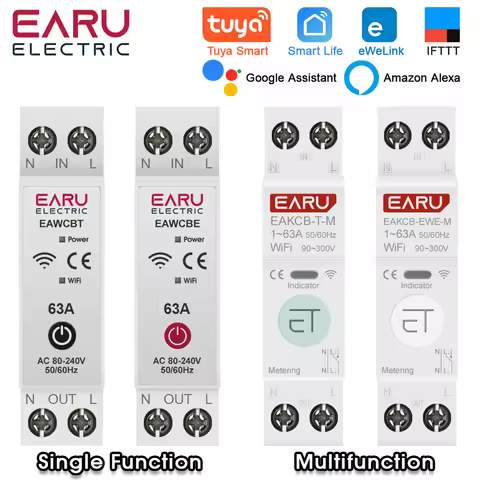 Tuya eWeLink WiFi Smart Circuit Breaker MCB 1P+N 63A Time Relay Switch Energy Meter kWh Voltage Curr