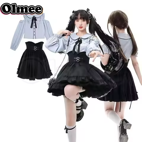 [Olmee] Blue Mizuiro Jirai Kei Long Shirt Skirt Dress Japanese Basic Lolita Mine Style Graduation Co