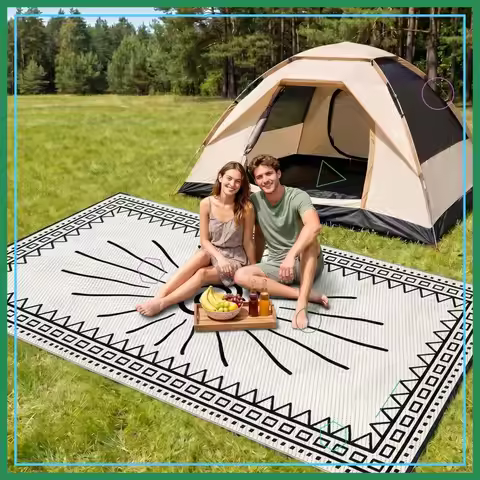 Waterproof Outdoor Rug 9x12 with Stakes, UV Resistant Reversible Mat for RV Camping Picnic Beach