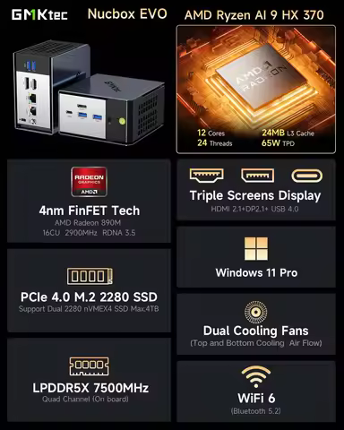 GMKTec EVO-X1 Ryzen AI 9 HX 370 Mini PC Windows 11 Pro LPDDR5 Onboard PCie3.0 NVme SSD Wifi6 BT5.2 O