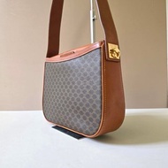 稀有中古二手Celine半月馬鞍老花金扣皮革單肩側背腋下包古董手袋