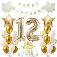 Jxuzh 12th Birthday Decoration Set 'Light Gold & White' 33 Piece Set with Balloons, Garland, Foil Nu