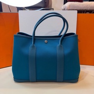 愛馬仕/Hermes 藍色銀扣 帆布拼皮 花園36 C刻 手提包 garden party