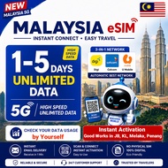 Malaysia eSIM Unlimited Data 1-5 Days | JB KL Melaka Penang Coverage | Fast 4G/5G | Instant QR Activ