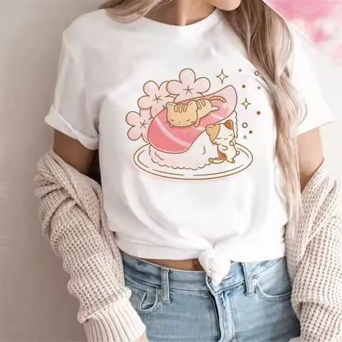 Kawaii Cat Print Women's T-Shirt Japanese Cherry Blossom Sushi Cat Casual Short Sleeve Top for Pet L