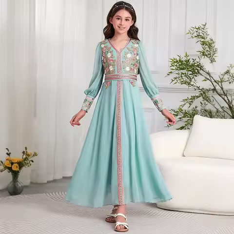 Morocco Muslim Kids Girls Embroidery Chiffon Maxi Dress Robe Ramadan Eid Djellaba Islamic Clothing A