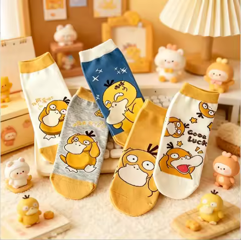5/10 Pairs New Fashion Cartoon Kawaii Pokemon Sweet Psyduck Casual Outdoor Short Socks Lightweight C