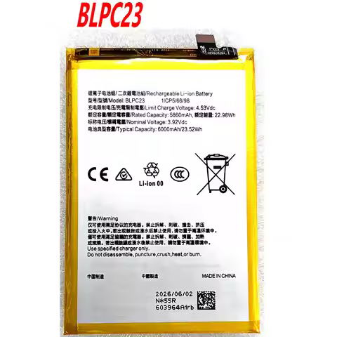 New 3.92V BLPC23 High Capacity Battery for OPPO A6i 5G A5 5G Mobile Phone 1ICP5/66/98