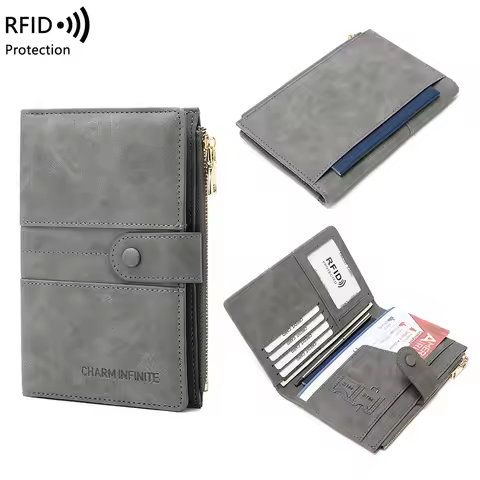 RFID Passport Wallet for Men/Women Card Bag Pu Leather Hnadbag Zipper Purse Wallet