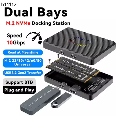 Dual Bays M.2 NVME Docking Station with 10Gbps USB3.2 Gen2 + 10G Type-C Transfer USB HUB 2 Port M2 N