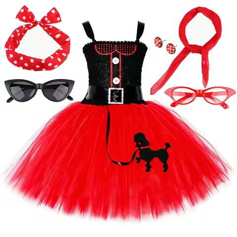 Pink Red 1950s Costume for Girls Poodle Tutu Dress 50s Costumes Outfits Kids Halloween Birthday Part