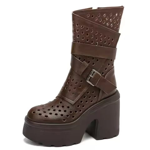 Genuine Leather Women Retro Mid-Calf Boots 12 CM Block Heel Buckle Strap Side Zipper Platform Cut Ou