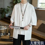 假兩件襯衫  男夏季  亞麻短袖  上衣中國風唐裝外套五分袖短袖棉麻襯衫