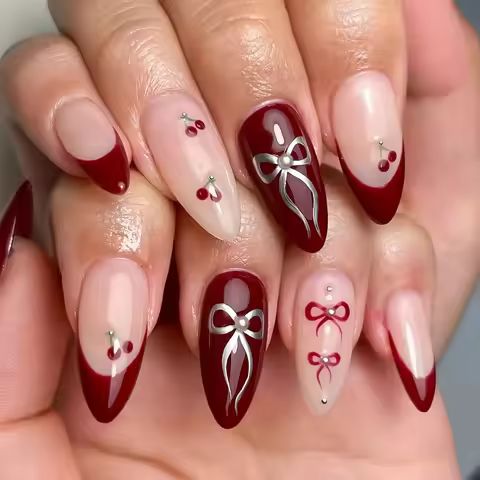 24Pcs Medium Almond Medium Almond Press on Nails Glossy Red Cherry Bow Design False Nails Cute Acryl