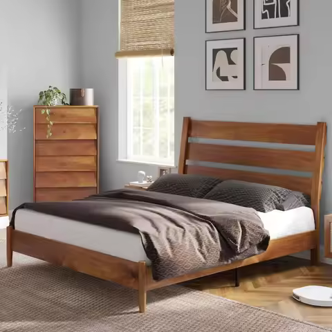 Queen Bed Frame with Reclining Slatted Headboard, Mid Century Bed Frame with Wood Slat Support, Wood