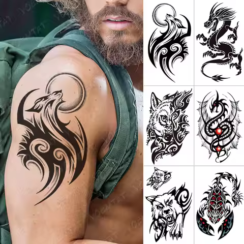 Waterproof Temporary Tattoo Sticker Dragon Scorpion Wolf Flash Tattoos Wings Cross Body Art Arm Owl 