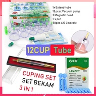 12 cup Chinese Cupping Therapy Full Set, Set Bekam Lengkap-Pen/50 Jarum/12cups/Pump 23g for Cupping 