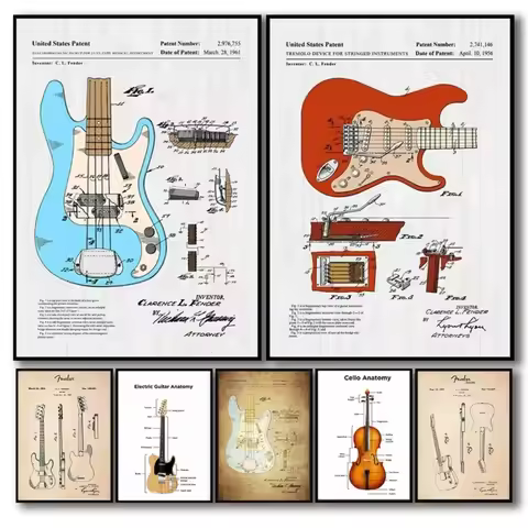 Electric Guitar Anatomy Poster Cello Acoustic Jazz Gibson Guitar Patent Canvas Print Wall Art Musica
