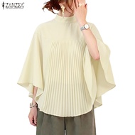 Zanzea Women Korean Glamorous Pleated Solid Color Spliced Turtleneck Loose Blouse