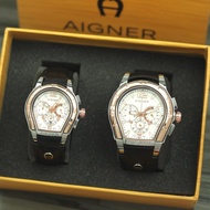 jam tangan pria wanita tali kulit original aigner free box merek bubbl - hitam putih 46-38cm