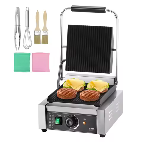 VEVOR 12In Commercial Panini Grill, Electric Sandwich Panini Maker, Stainless Steel Sandwich Press G