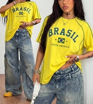 Fashion Women Short Sleeve Tops Brazil Style 3D Print Casual Sports Jersey Breathable Football Fans 