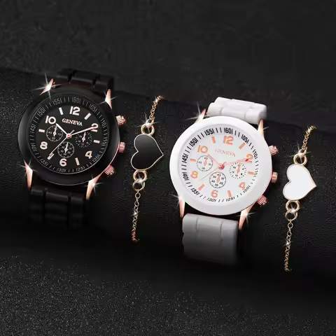 4PCS/Set Couple's Watches Fashion Silicone Band Women Quartz Watch Heart Bracelet Set(Without Box)