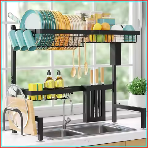Over The Sink Dish Drying Rack - Adjustable 2 Tier Large Capacity Stainless Steel Drainer with Cutle