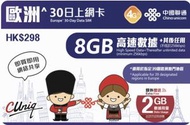 中國聯通 - 30日【歐洲】4G/3G 無限上網卡數據卡Sim咭 (首8GB+2GB高速數據)[最後啓動日期:31/12/2026]