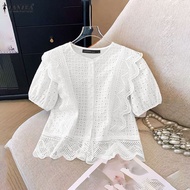 ZANZEA เสื้อเสื้อปักลายกลวงแฟชั่นสำหรับผู้หญิงคอกลมแขนสั้นแข็งสี OL เสื้อทำงาน #0922