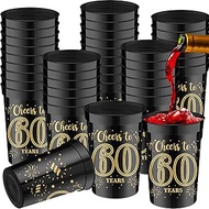 40 Pcs 50th 60th 70th Birthday Cups Cheers to 50 60 70 Years Plastic Stadium Cups 16 oz Gold and Bla