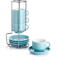 Sweese 8 Ounce Porcelain Stackable Cappuccino Cups with Saucers and Metal Stand - for Specialty Coff