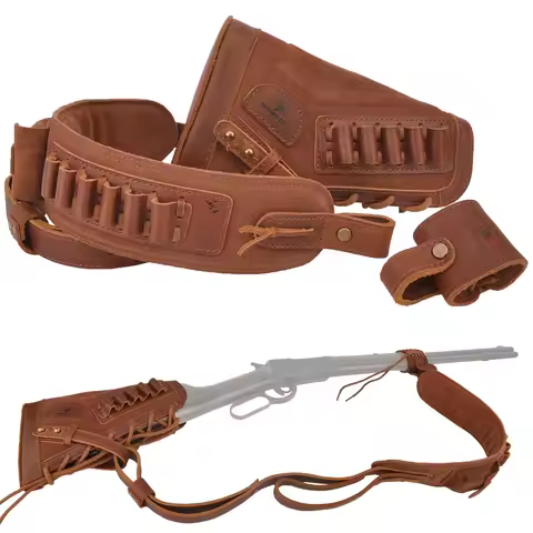 No Drill 1 Set Leather Rifle Buttstock +Leather Shell Holder +Leather Gun Shoulder Sling Ambidextrou