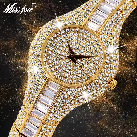 MISSFOX Baguette Diamond Women Watches Luxury Ladies Gold Wristwatch Shockproof Waterproof Small Wom