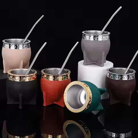 1Pc New Double-layer Stainless Steel Mate Cup Leather Texture Eggshell Cup Yerba Mate Tea Coffee Wat